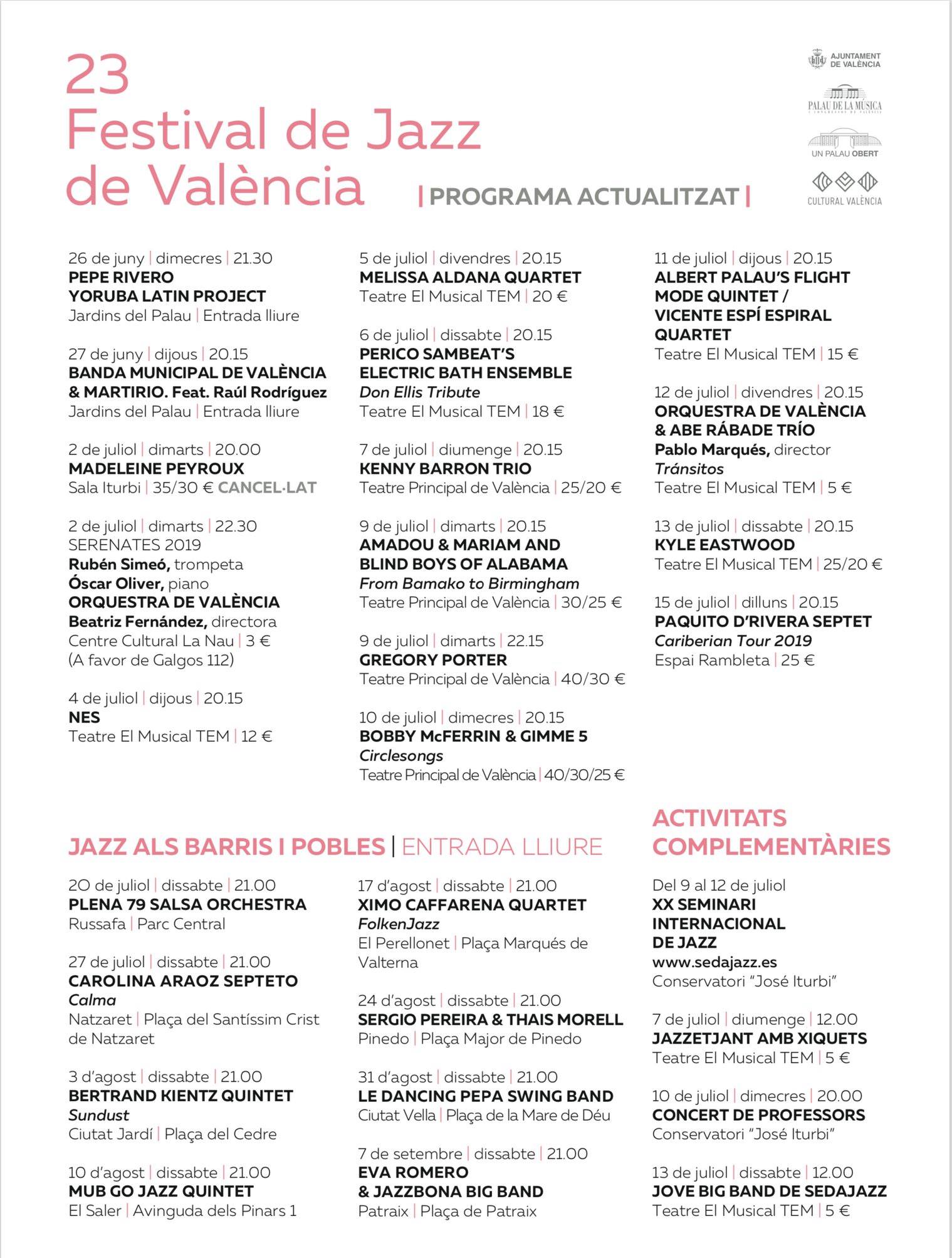 NUEVO CARTEL FESTIVAL JAZZ VALENCIA 2019